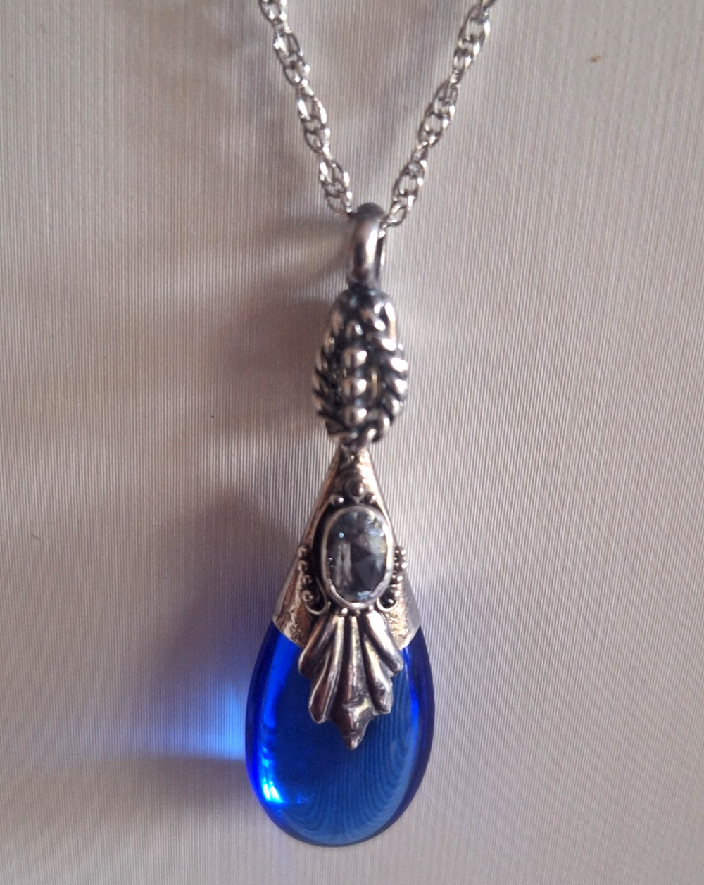 Sterling Silver Cobalt Blue Teardrop Necklace 18” Whimsygoth Art Nouveau Fairy